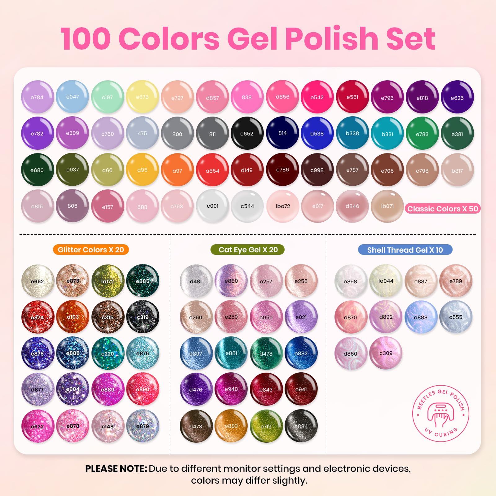 Beetles Gel Nail Polish Set, 119 PCS 100 Colors Gel Polish Kit Base Glossy Matte Glitter Top Coat Gel Polish Pastel Glitter Pearl Cat Eye White Red Pink Nude Green Blue Gel Valentines Gift for Women - Image 6