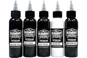 Element Tattoo Supply Greywash Tattoo Ink Set - Professional Tattooing, Light, Medium & Dark Shades, Includes Black & White S