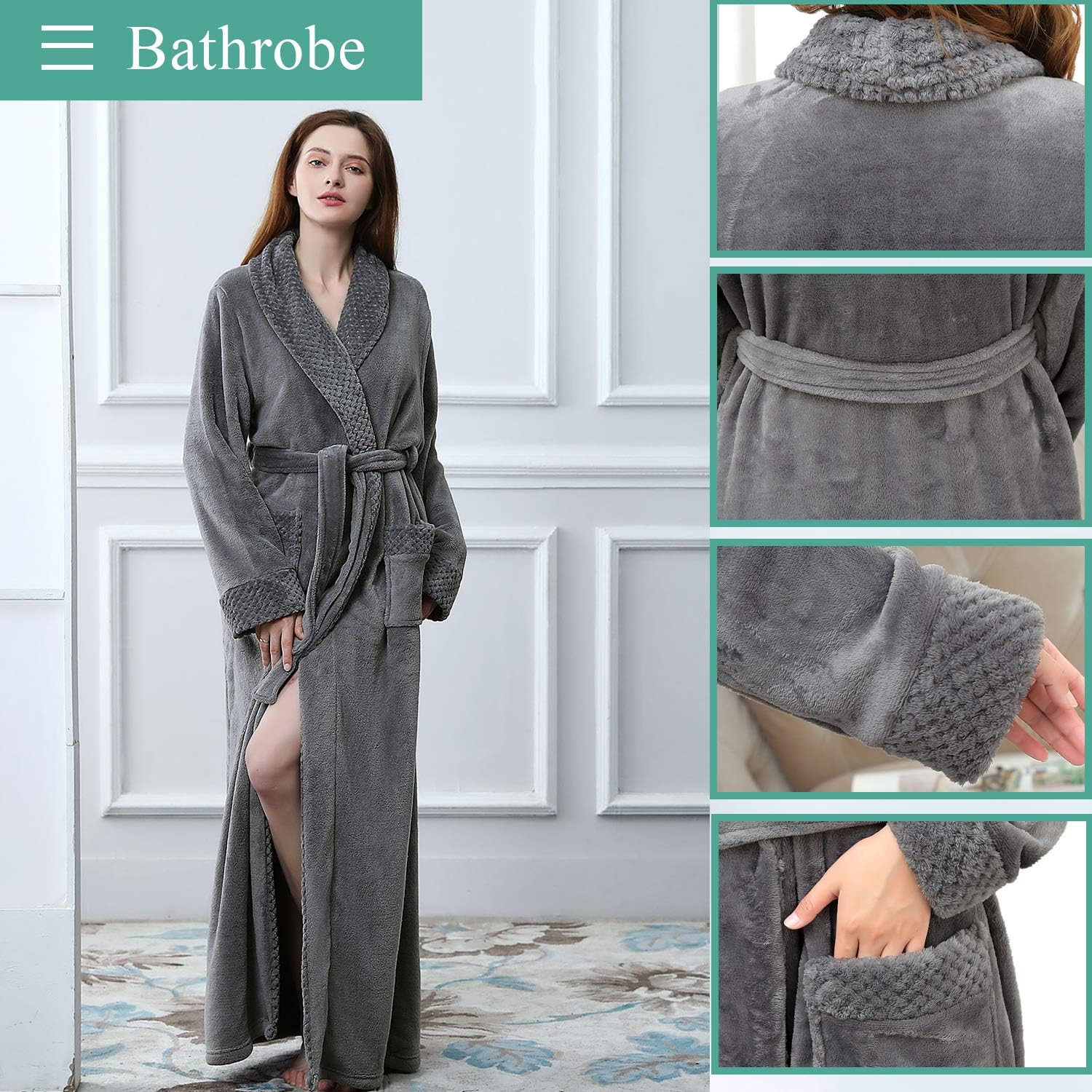 Womens Long Robe Soft Plush Plus Size Warm Comfy Bathrobe For Ladies Sleepwear