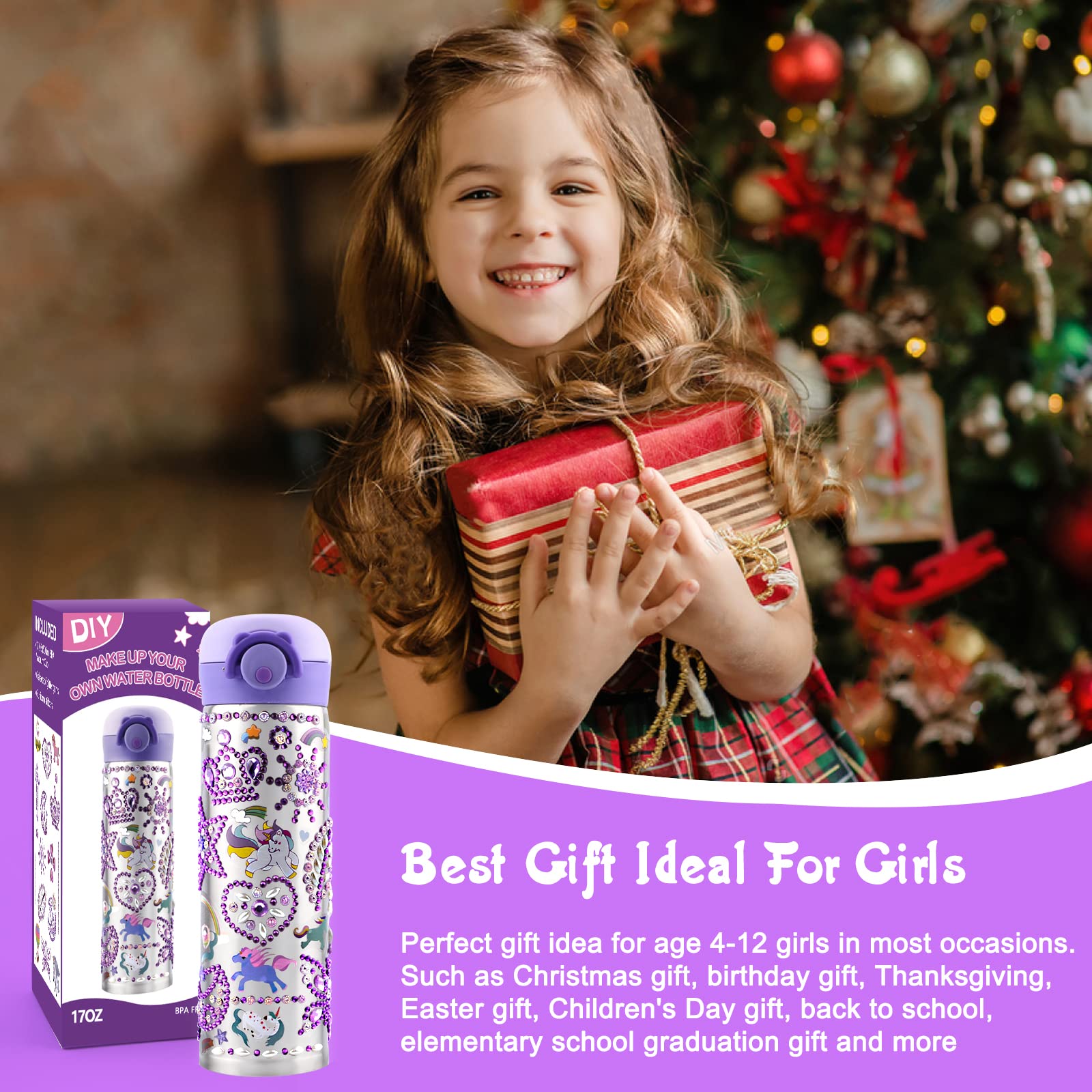 Coosilion Gifts for Kids, Decorate Your Own Water Bottle Kits for Girls Age 4-6-7-8-10-12 with Cute Stickers Arts and Crafts for School, Birthday Gifts for Girls, Back to School Supplies
