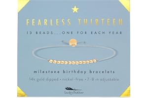 Lucky Feather 13 year old girl gifts; 13th Birthday Bracelet with 13 Dainty 14K Gold Dipped Beads on Adjustable Cord; Bat mitzvah cards for girls