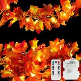 suddus 20 LED Fall Leaves Garland with Lights Battery Operated Timer Orange | 6.5FT Lighted Fall Lights with Remote, 8 Lighting Modes Halloween Decor for Mantle, Table, Porch, Thanksgiving