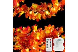 suddus Fall Garland with Lights Battery Operated, 20 LED Lighted Orange Fall Leaf Garland, Fairy String Lights for Thanksgiving Decor, Table, Mantle, Office, Porch, Halloween, Home Decoration
