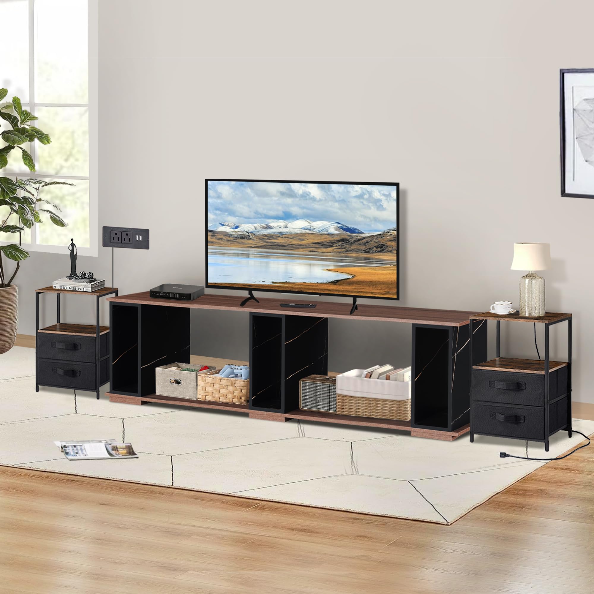 Photo 1 of GIA Home Furniture 3 pcs Living Room Table Set Including Modern 70 inch TV Stand with Open Storage & 2 End Table, Marble Vein Walnut