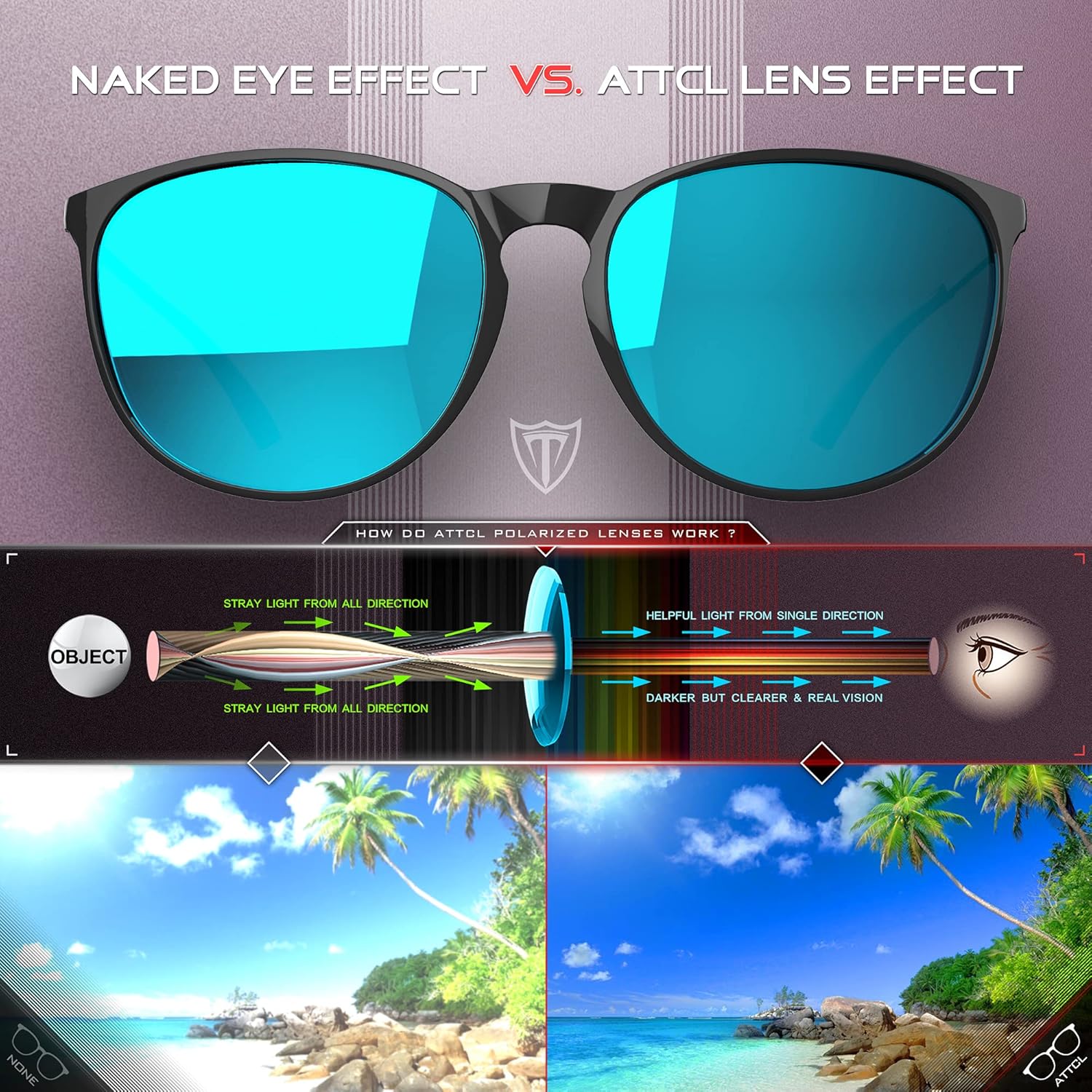 ATTCL Sunglasses for women - Ultralight Driving Polarized Round Womens sunglass UV400 Protection Black+Black+blue 1013: Clothing