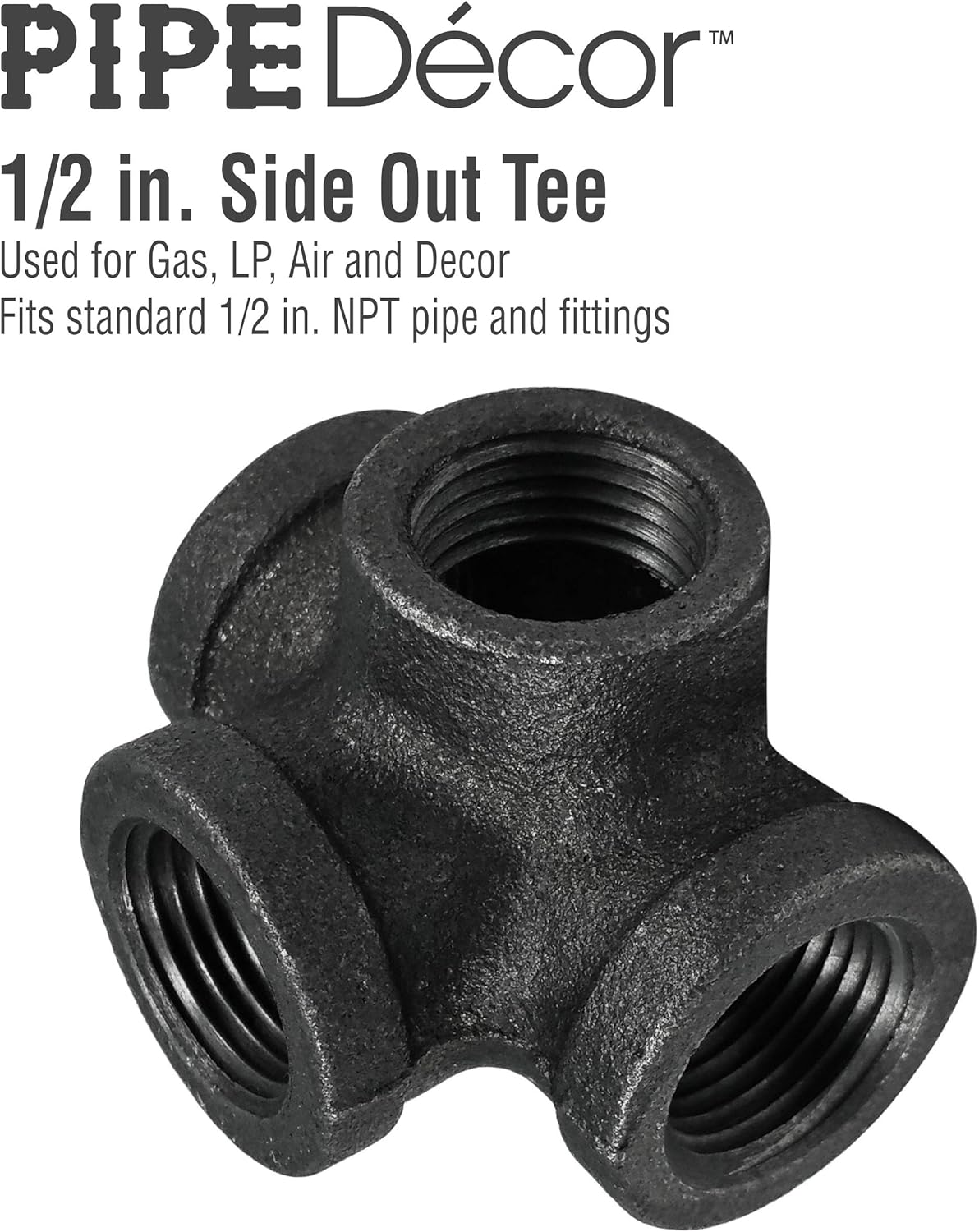 1/2 Inch Side Outlet Tee (4-Way) Industrial Cast Iron Pipe Fitting 8 Pack by Pipe Decor, Pipe Components For Building Tables, Chairs, Shelving, and Custom Furniture, Fits Half Inch Pipes, Eight Pack - - 