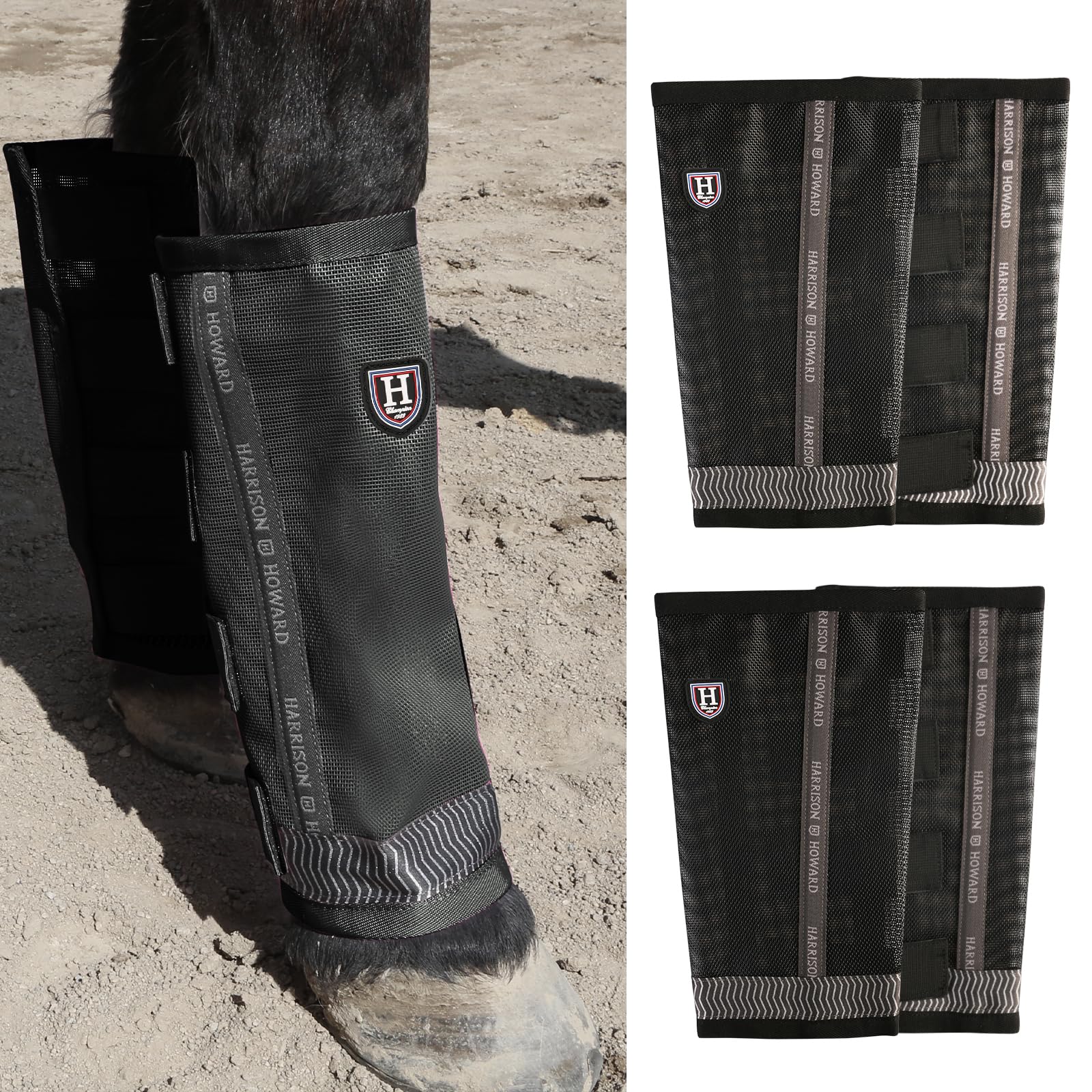 Photo 1 of Harrison Howard Loose-Fitting Horse Fly Boots UV-Protective, Breathable Fine Mesh Leggins Stay-on Comfortable Fly Boots with Reflective Strips for Extra Safety (Set of 4) Black Cob (Medium)