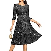 DRESSTELLS Sequin Cocktail Dresses for Women, Formal Wedding Guest 3/4 Sleeves Sparkly Evening Party Dress