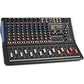 Pyle 12-Channel Console Style Audio Mixer with Bluetooth - DJ Sound Controller, 8 XLR / Combo Inputs, Sub Out, +48V Phantom, USB-A In, 16 DSP Effects, MP3 Player, 7-Band EQ - PMXU128BT