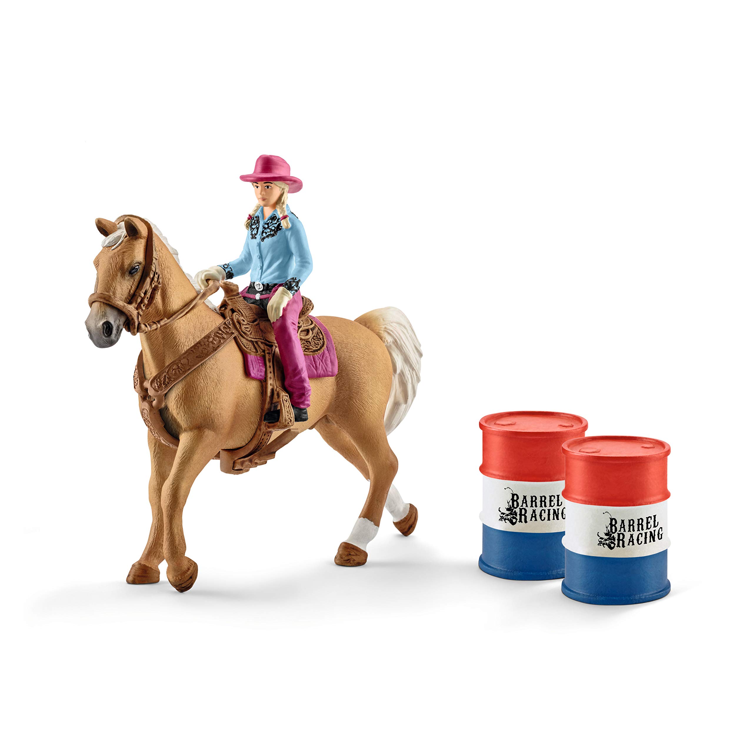 SCHLEICH FARM WORLD 41417 Bauernhof Rodeo Spielset mit 2 Fässern, 6-Teiliges Tiere Set mit Cowgirl, Pferd und Zubehör, Realistisches Western Rodeo Bauernhof Spielzeug für Kinder