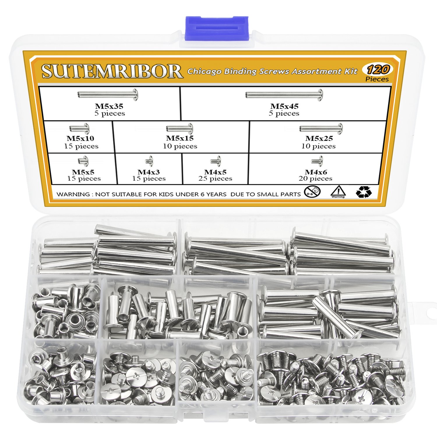 Sutemribor 120 Pieces M5 x 5/10/15/25/35/45mm Chicago Screw Binding Screws Posts Assortment Kit for DIY Leather Bookbinding Crafts