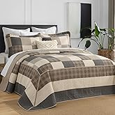 DDUOXIN 3 Piece Oversized King Bedspread 128"x120" - 100% Cotton California King Quilt with 2 Pillow Shams, Farmhouse Lightweight Plaid Bedspreads Coverlet Sets, Charcoal/Beige/Brown