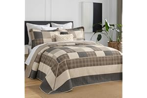 DDUOXIN 3 Piece Oversized King Bedspread 128"x120" - 100% Cotton California King Quilt with 2 Pillow Shams, Farmhouse Lightweight Bedspreads for King Bed, Charcoal Brown Gray Beige, Cal King