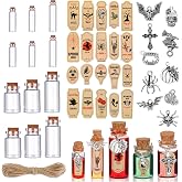 Newtay 53 Pcs Halloween Mini Potion Bottles with Cork, 5/6/7/12 ML | 12 Bottles with Stoppers, 20 Apothecary Stickers, 20 Metal Pendants, String for Halloween, DIY Craft Decorations