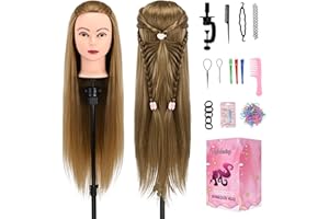 AOFADANING 28" Mannequin Head With Hair Cosmetology Manikin Practice Braiding Doll Head For Hair Styling Training Head For Braiding Hairdressing With Free Wig Head Stand Hair Styling Tools Set (Golden)