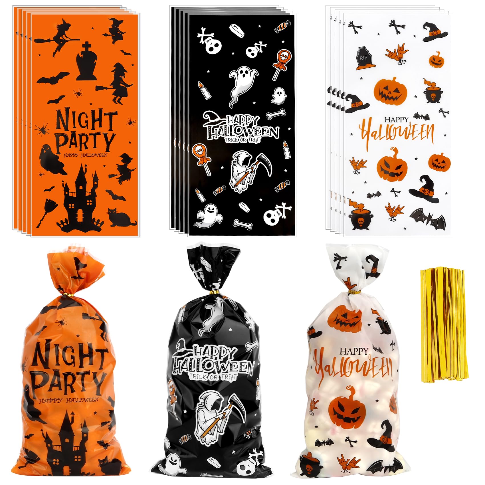 Photo 1 of 100 PCS Halloween Treat Bags(5x11 Inch) with Tie, Plastic Halloween Bags for Candy Goodie Goody Cookie Gift Wrap Night Party Favors Supplies Decorations Ghost Witch Castle Pumpkin Cellophane Pouch