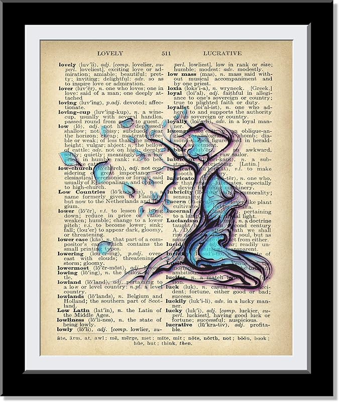 Blue Abstract Lovely Lady Dictionary Wall Art Prints - Whimsical Female Tree Gift for House Warming Christmas Holidays - Home Decor Vintage Print Paintings - UnFramed…