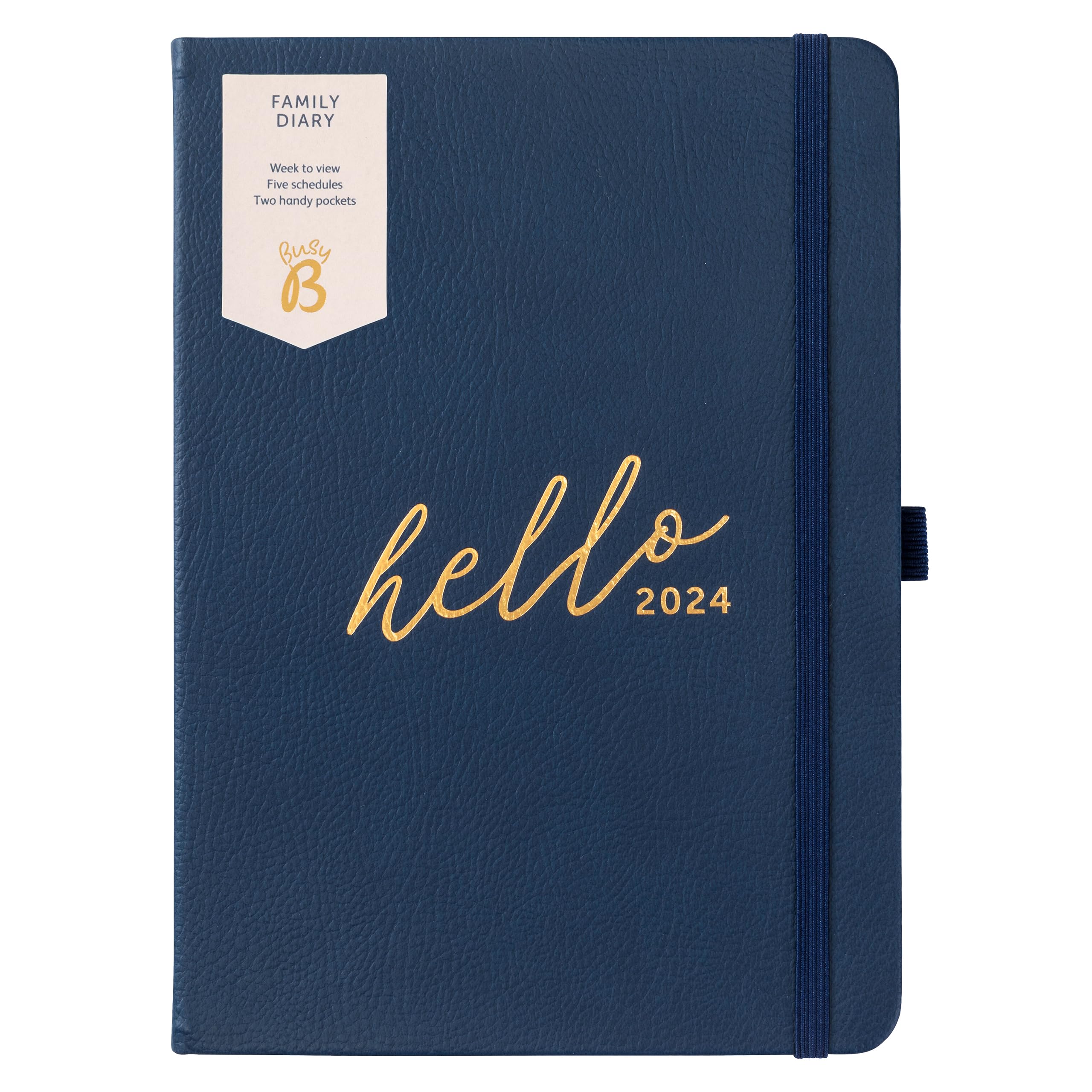 Busy B Family Diary January to December 2024 - A5 Navy - Faux Leather Week to View Diary with Space for 5 Schedules & Tear-Out Notes