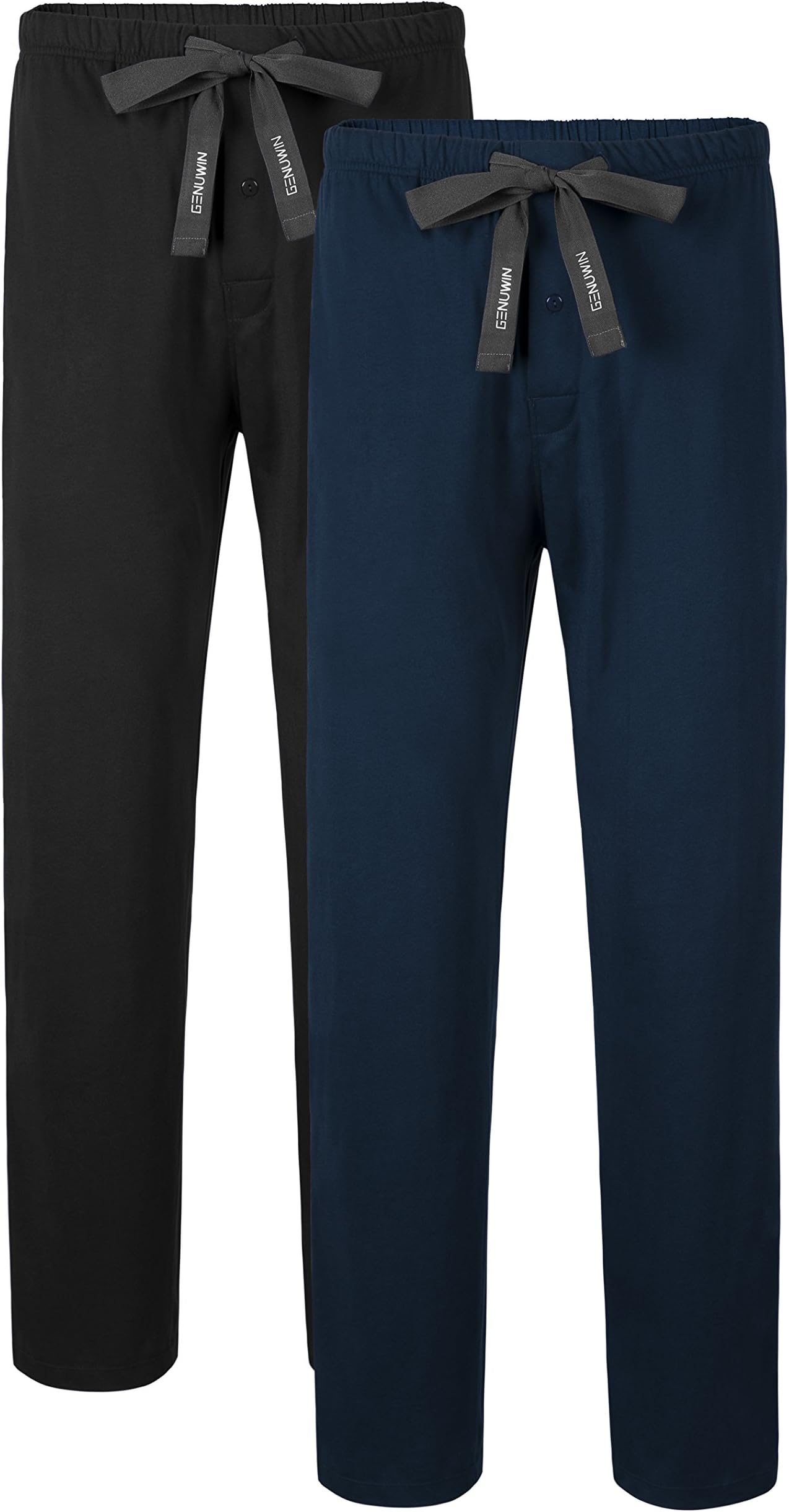 Men's 100% Cotton Jersey Lounge Shorts with Button Up Fly and Drawstring Pyjama Bottoms Lounge Pants, 2 Pack (M, Black+Navy Blue)