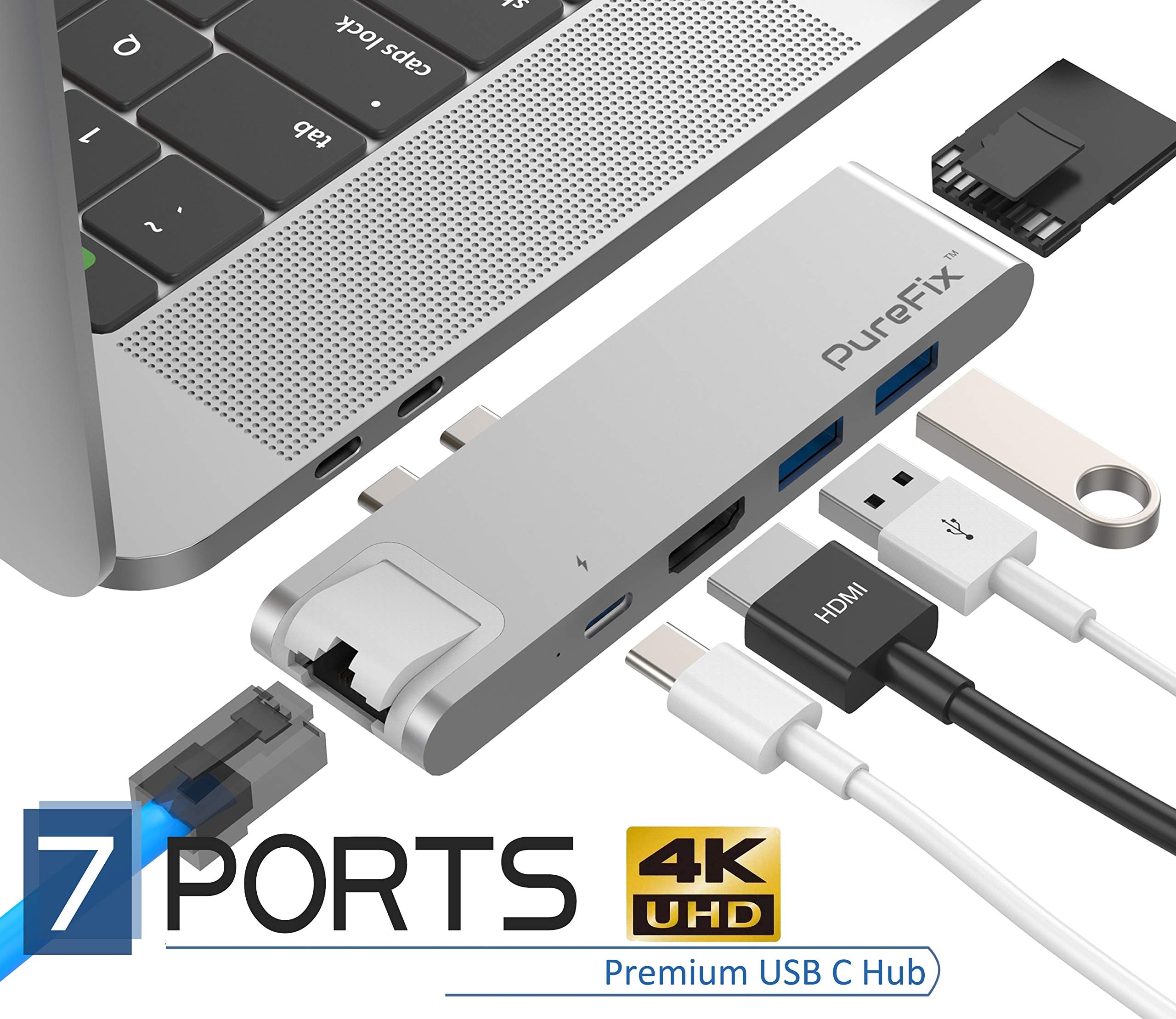 PureFix USB C Hub Adapter, 7-in-2 Extension with Gigabit Ethernet, 4K HDMI, Type- C 100W PD & 40Gbps, 2 USB-A 3.0, SD & MicroSD/TF Card Reader for 2016-2020 MacBook Pro 13' 15' 16' & 2020 MacBook Air