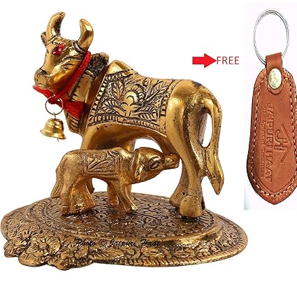 Jaipuri haat Prosper Kamdhenu Oxidised Gold Finished Brass Like Cow and Calf Figurine Decorative Gift Item (Colour Gold) 12@11 cm