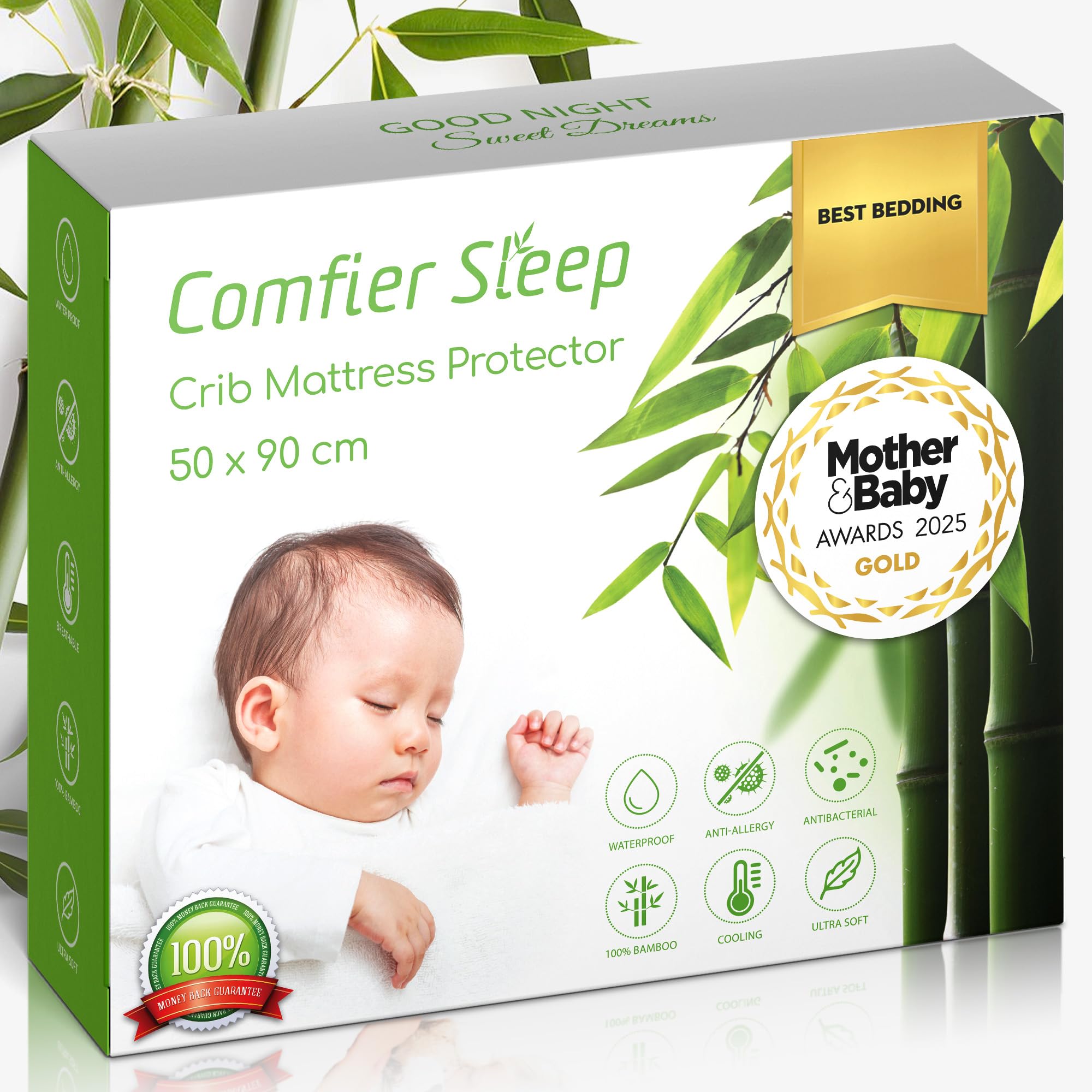 Crib Mattress Protector 50x90cm – Waterproof 100% Bamboo Baby Mattress Protector – Soft Breathable Fitted Cot Cover for Crib – Hypoallergenic and Washable Sheet for Infant Bedding