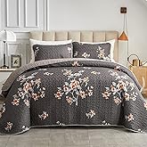Flysheep 3 Pieces Quilt Set Full/Queen Size, Dark Gray Floral Reversible Bedspread Coverlet Set, Soft Microfiber Lightweight Bed Cover for All Season (90" x 90", 1 Quilt+ 2 Pillow Shams)