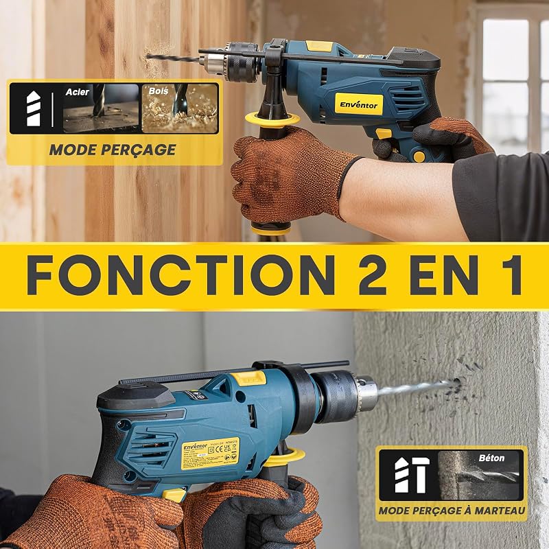 Perceuse à Percussion Filaire 750W, poignée pivotante à 360°