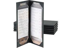 AMGSH 6 Pack 2 View Menu Holder Menu Covers 4.25" x 11" | Black Leather Menu Sleeves Book Style for Restaurant Coffee Bars Wine List