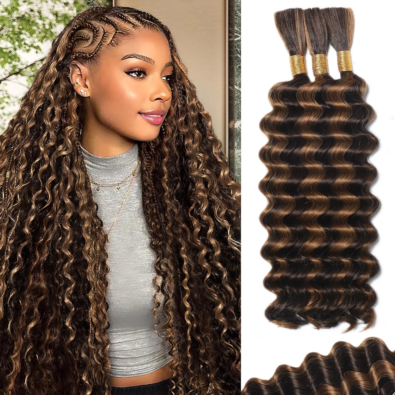 Photo 1 of 2 Pcs Human Braiding Hair for Boho Braids Deep Wave Bulk Human Hair Highlight Balayage No Weft Curly Braid Extensions for Braiding Knotless 12A Wet and Wavy Braids 3 Bundles 4/30 20Inch 120g