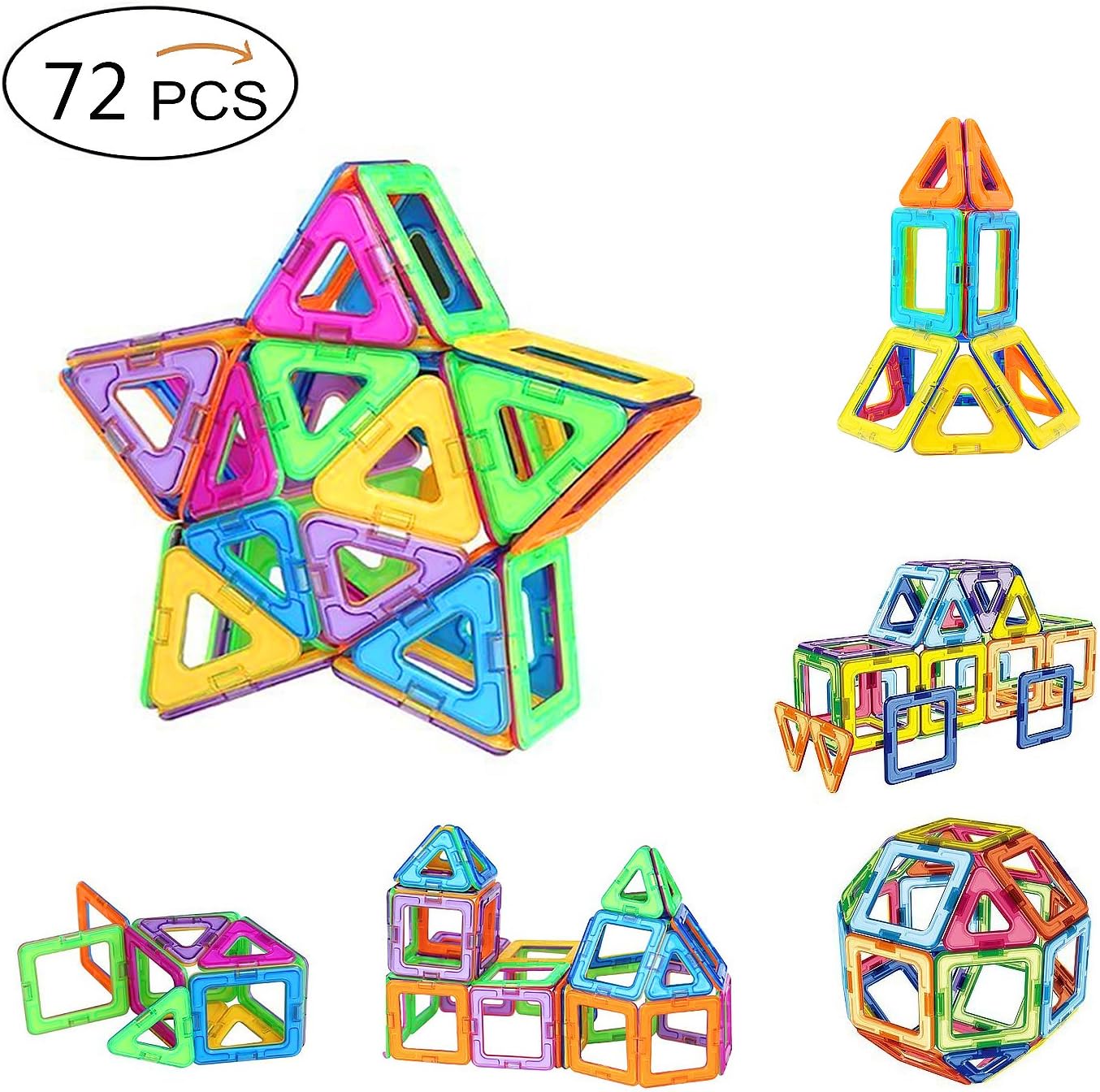 Magnetic Building Blocks, SUPRBIRD Magnet Building Tiles Set DIY Construction Stacking Toys Creative and Educational Gift for Kids (72)