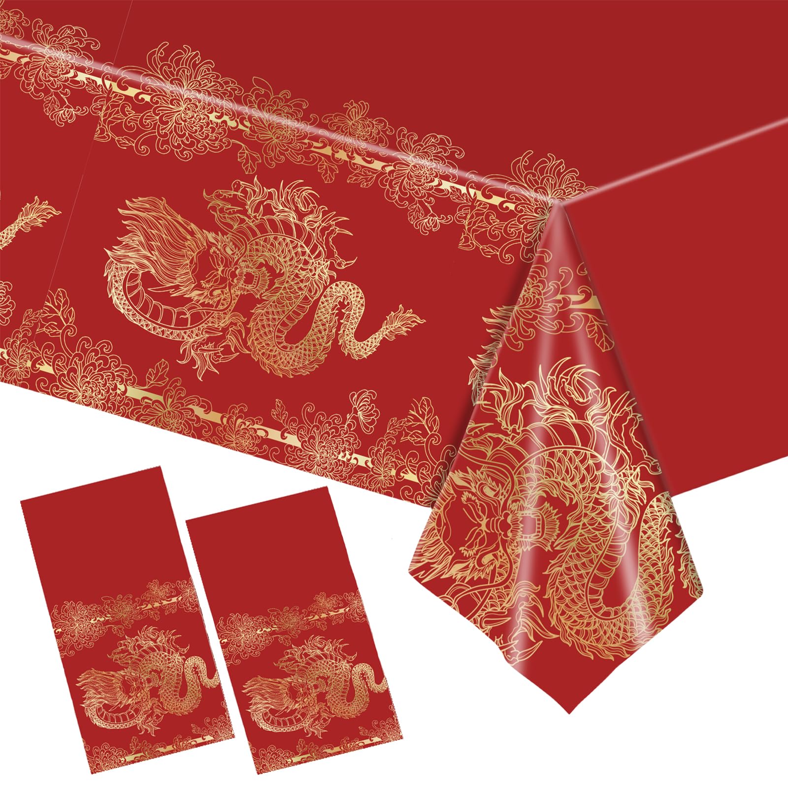 COSORO 2Pcs 137 * 274cm Red Chinese New Year Tablecloth Plastic, Waterproof & Oil Resistant, Perfect for Large Tables & Chinese Party Decorations