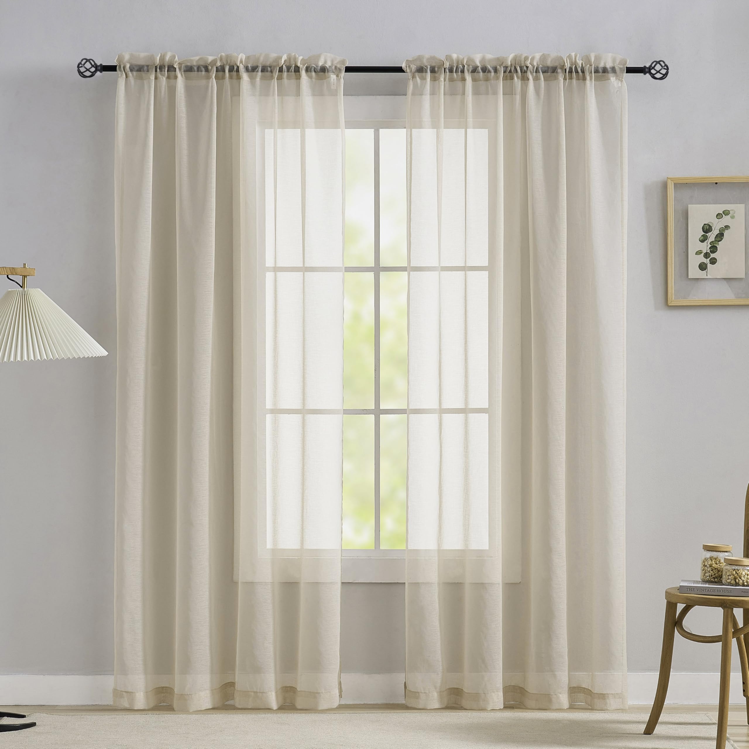 Home Brilliant Linen Look Curtains 96 Inches Long for Bedroom Living Room, Semi Transparent Net Curtains, Sheer Curtains for Privacy 54x96 Inch, 243 cm Drop, Linen