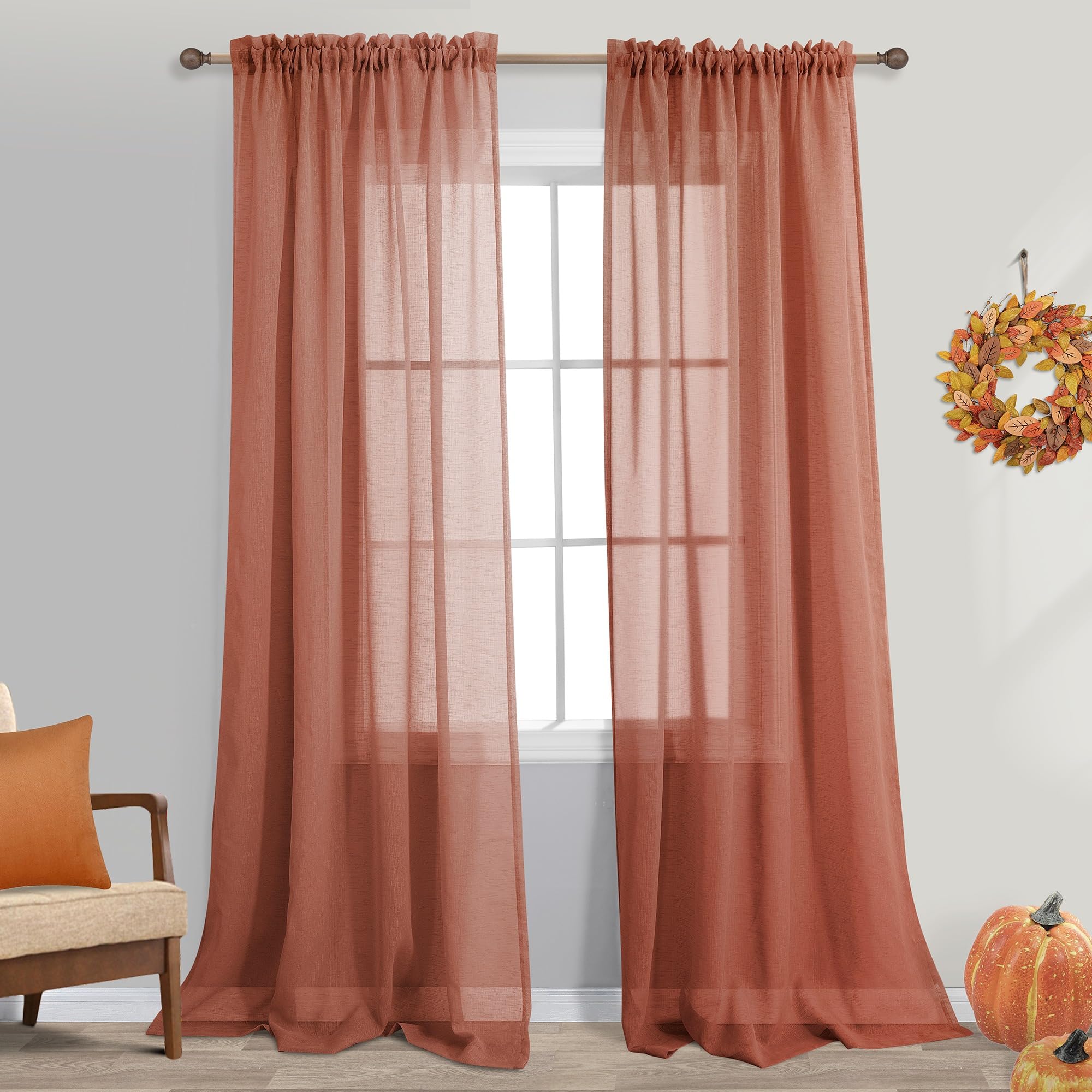 Terracotta Semi Sheer Curtains 84 Inches Long for Living Room 2 Panels Set Rod Pocket Window Decor Faux Linen Drapes Light Filtering Textured Rust Red Curtains for Bedroom 52x84 In Length Burnt Orange — image 1
