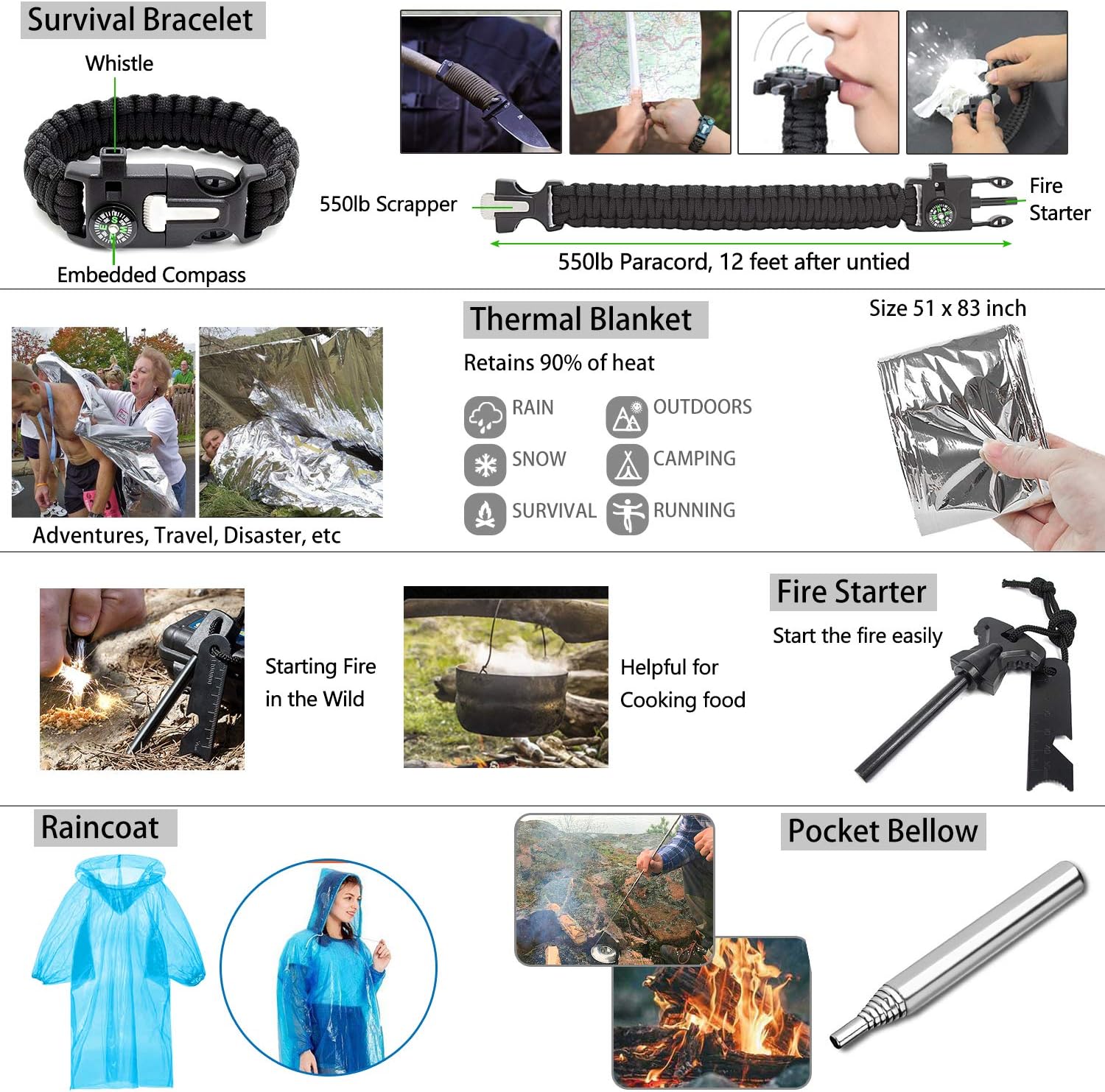 Emergency Survival Kit 47 in 1 Professional Survival Gear Tool First Aid Kit SOS Emergency Tactical Flashlight Knife Pliers Pen Blanket Bracelets Compass with Molle Pouch for Camping Adventures: Health & Personal Care