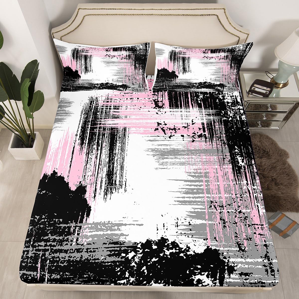 Abstract Fitted Sheet Double Size, Modern Abstract Art Bed Cover with 2 Pillowcases, Pink Black Grey Grunge Style Bedding Set 3pcs for Kids Children Girl, Soft Polyester Bedding