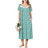 Ekouaer Long Nightgowns for Women Soft Ladies Sleepwear Gowns Short Sleeve Nightdress Button House Dress with Pockets