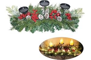 HAMIFINEE 27.6" Christmas Table Centerpiece with Lighs Christmas Candle Holders with 3 Trays Red Berries Balls Pine Cones Xmas Pine Garland Lights Decoration for Centerpiece Table Mantel Holiday Home Decor