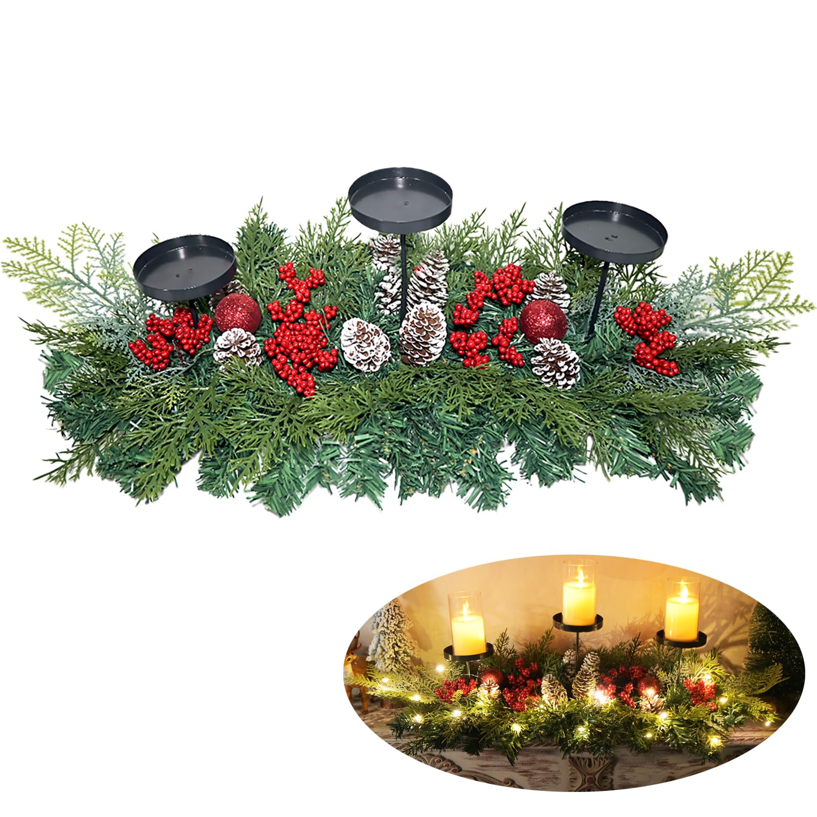 Photo 1 of 27.6" Christmas Table Centerpiece with Lighs Christmas Candle Holders with 3 Trays Red Berries Balls Pine Cones Xmas Pine Garland Lights Decoration for Centerpiece Table Mantel Holiday Home Decor
