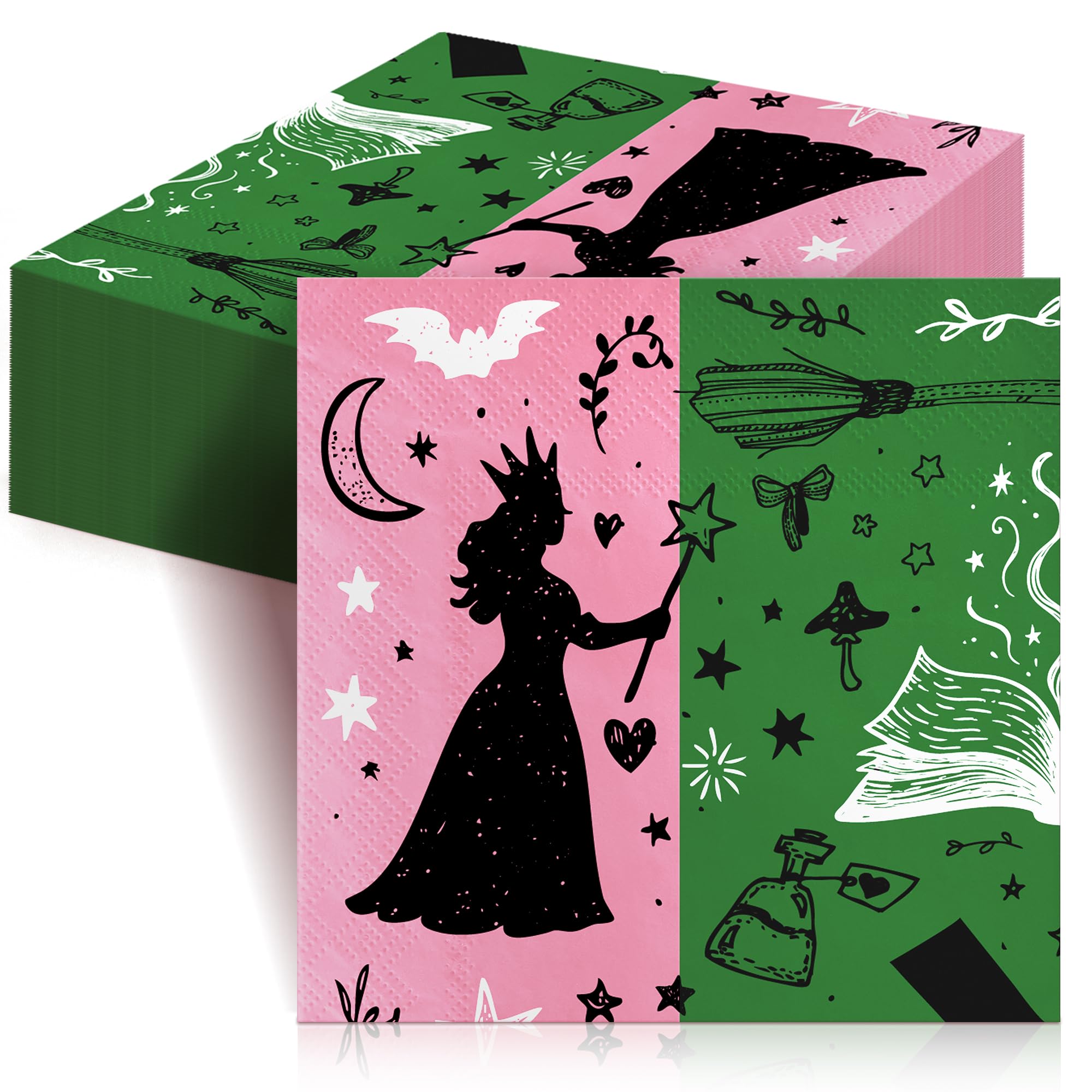 Photo 1 of 100 Pack Witch and Princess Party Napkins, Pink and Green Disposable Paper Napkins with Magical Elements – 2-Ply 13"x13" Unfolded, for Girls' Birthday Party and Fairy Tale Theme Décor