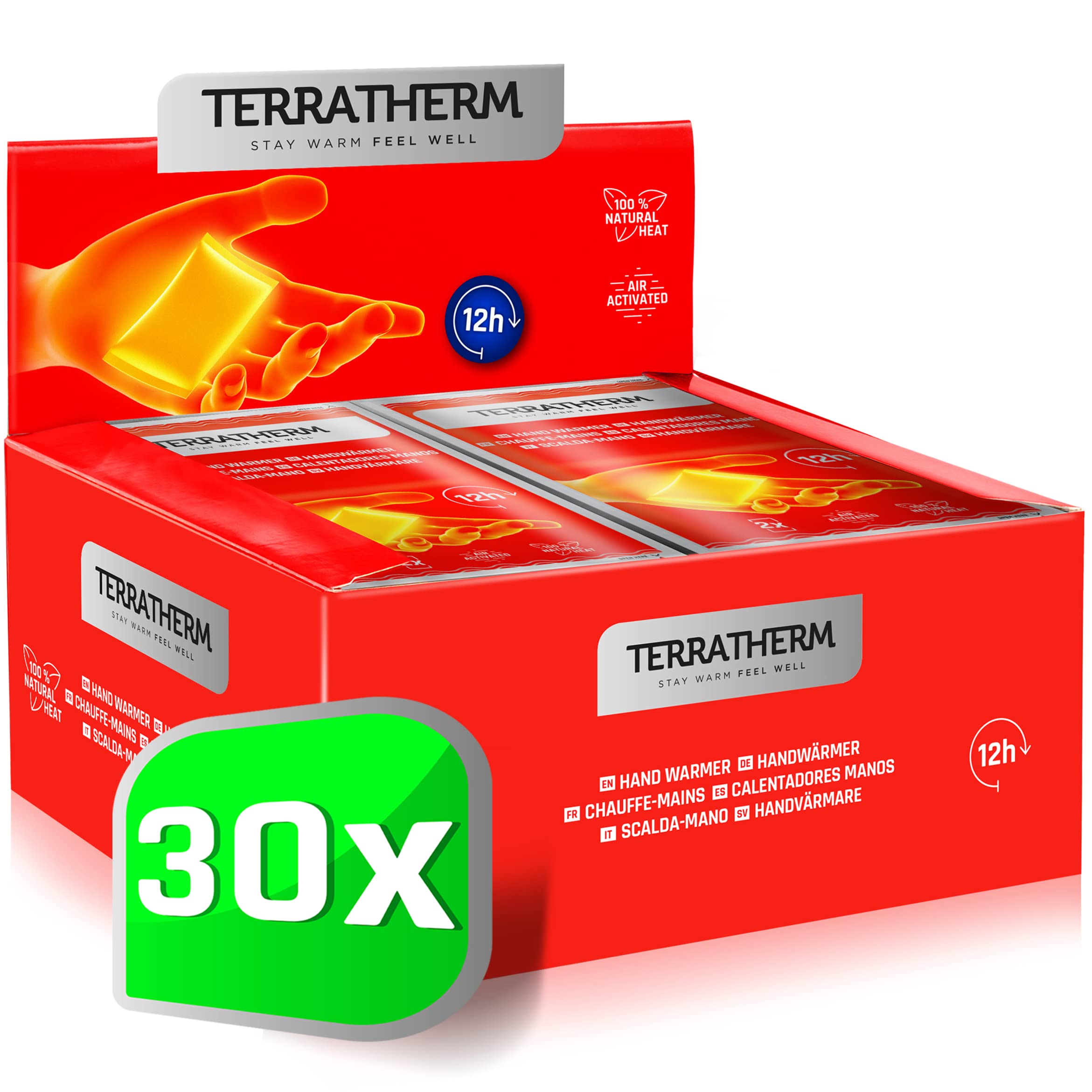 TerraTherm Hand Warmers - Air Activated - 12 hours of heat - 5, 10 or 30 Pairs - Disposable Hand Warmers - 100% natural warmth, 30 Pairs