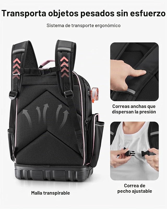 Mochila de ferramentas, mochila de trabalho 330 x 200 x 490 mm com 56 bolsos, compartimento para portátil e base moldada, organizador de ferramentas para eletricistas e reparadores