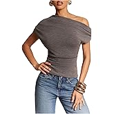 SHENHE Women's Off Shoulder Short Sleeve Knit Top Ruched Cinched Waist Dressy Going Out Top