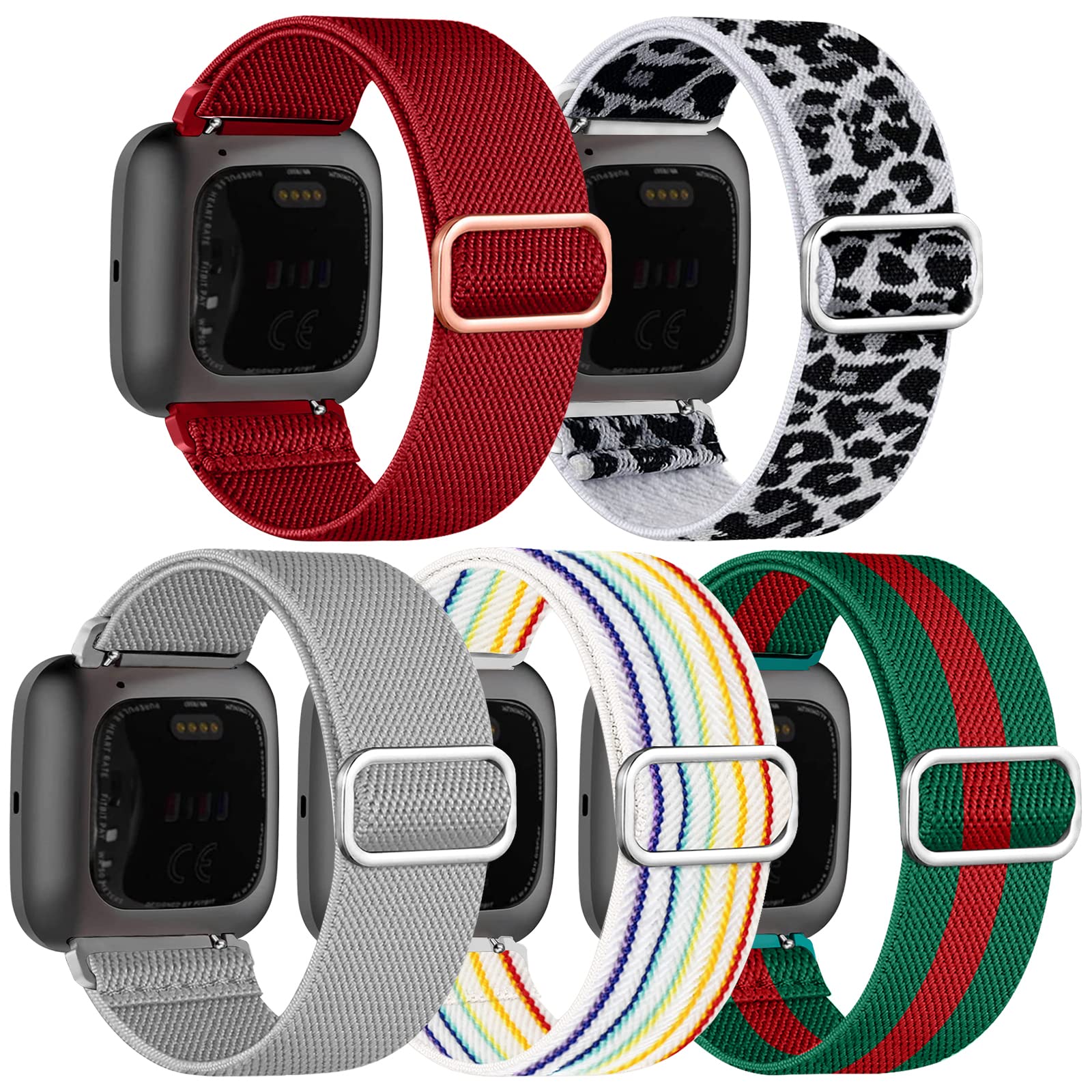 chinbersky 5 Pack Strap Compatible with Fitbit Versa 2 Straps/Fitbit Versa Strap for Women and Men, Soft Adjustable Stretch Nylon Sport Replacement Band for Fitbit Versa 2/Versa/Versa Lite/SE