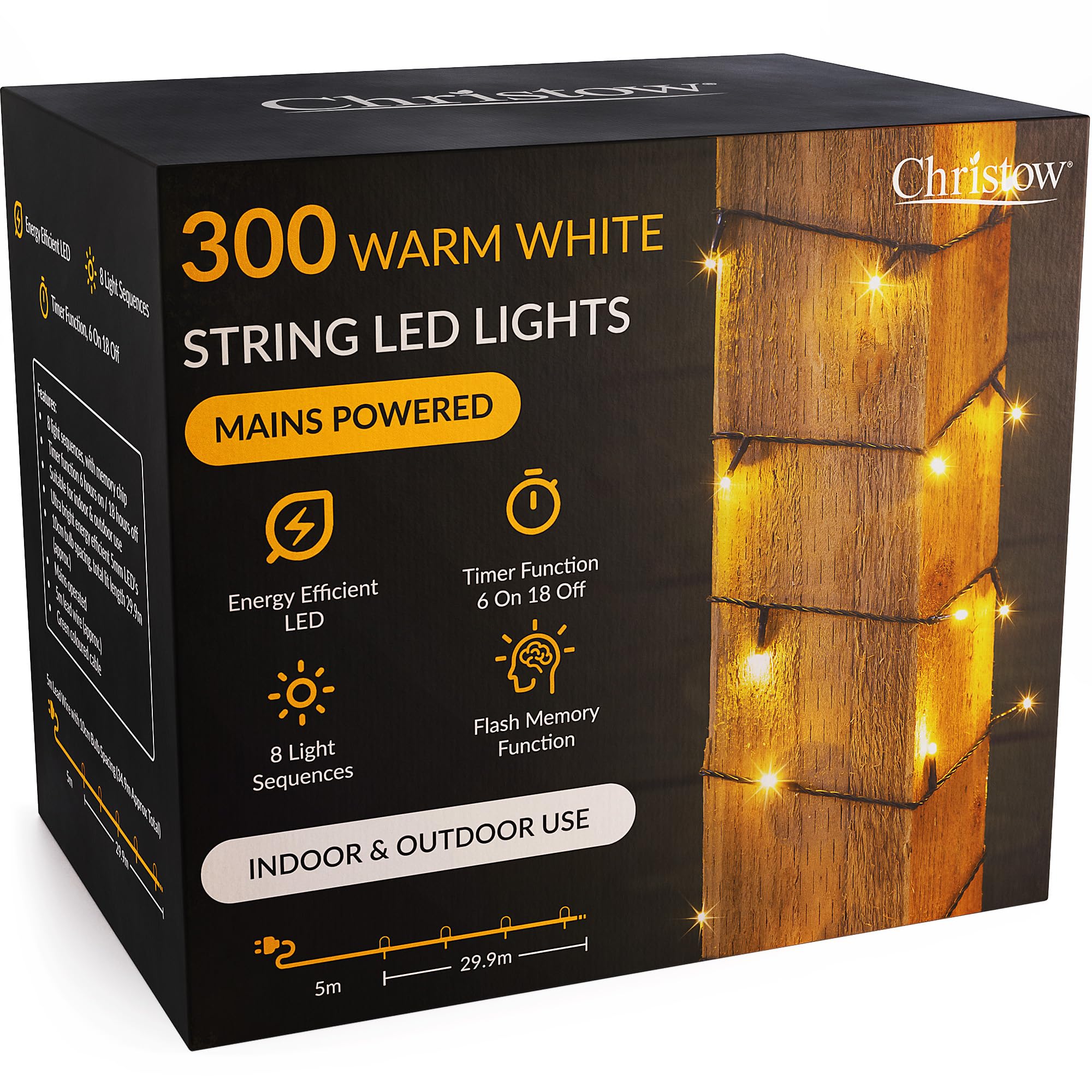 CHRISTOW Christmas Fairy Lights, Warm White LED String Lighting with Timer, Indoor & Outdoor, Tree Lights, Mains Operated, 8 Light Modes Flashing & Static, Green Cable (300 LED / 30m Lit Length)