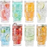 Wookgreat Embossed Designed Glasses, 8pcs Highball Glasses, 16oz Vintage Ribbed Striped Glassware for Cocktail, Whiskey, Juice