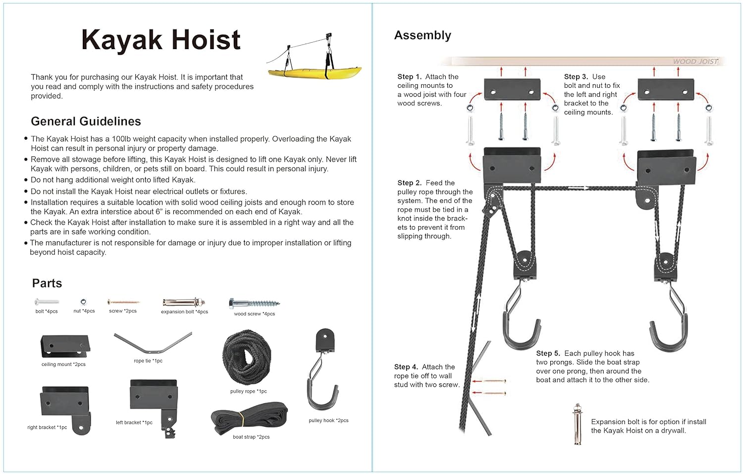 Cartman Kayak Hoist Lift Garage Storage Canoe Hoists, 100Pound Working
