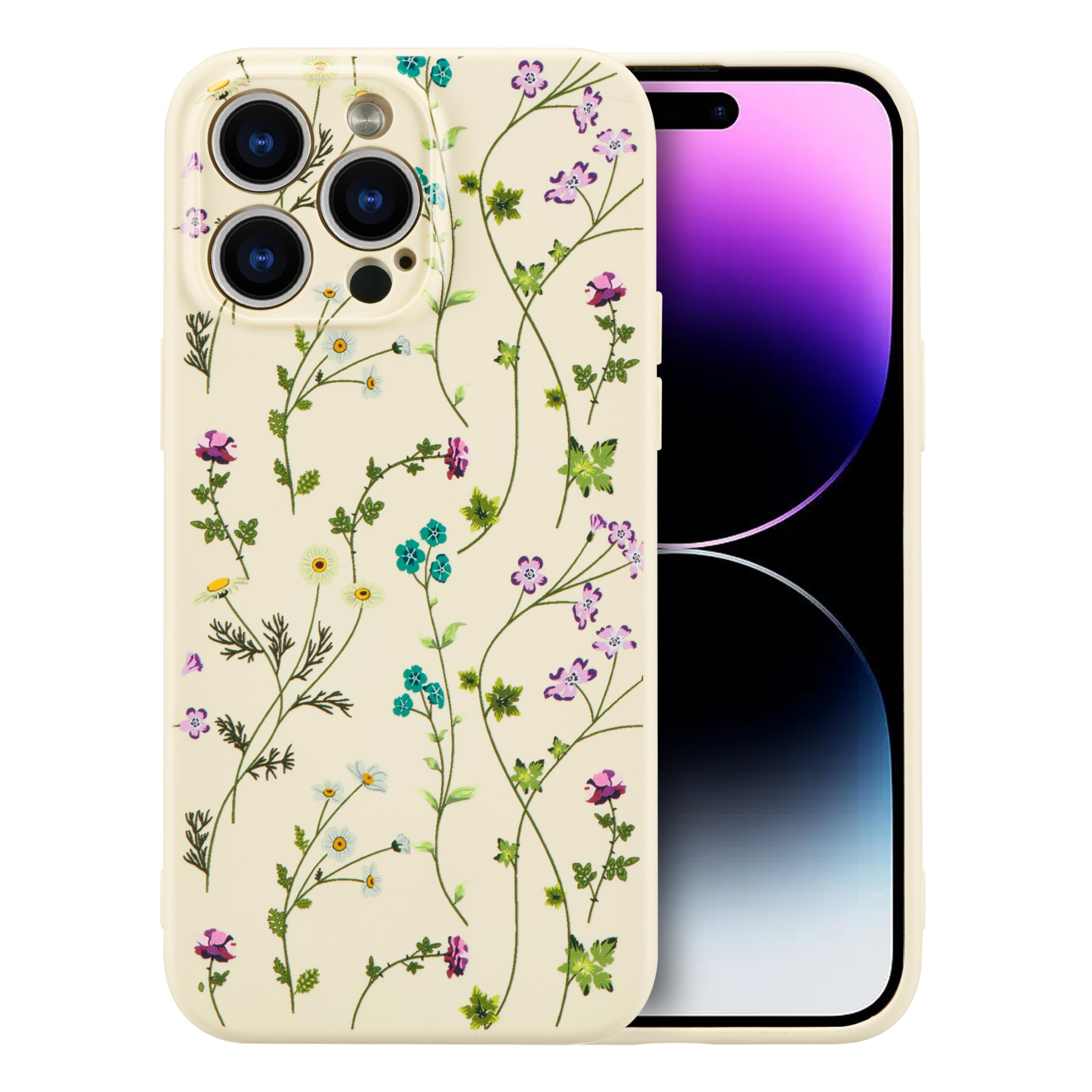 Photo 1 of RALEAVO Floral Case for iPhone 14 Pro,Liquid Silicone Cover with Cute Flower Branch Pattern for Girls Women Slim Soft Rubber Protective Phone Case for iPhone 14 Pro (6.1"),Beige