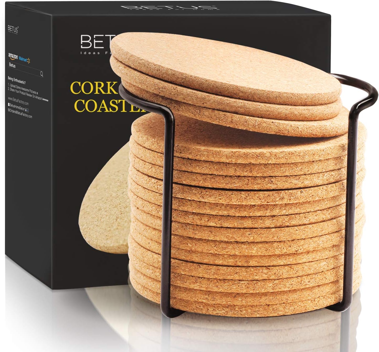 BETUS Round Cork Coasters 16pc Bulk Set with Metal Holder 4" Diameter & 1/5" Thick Drink