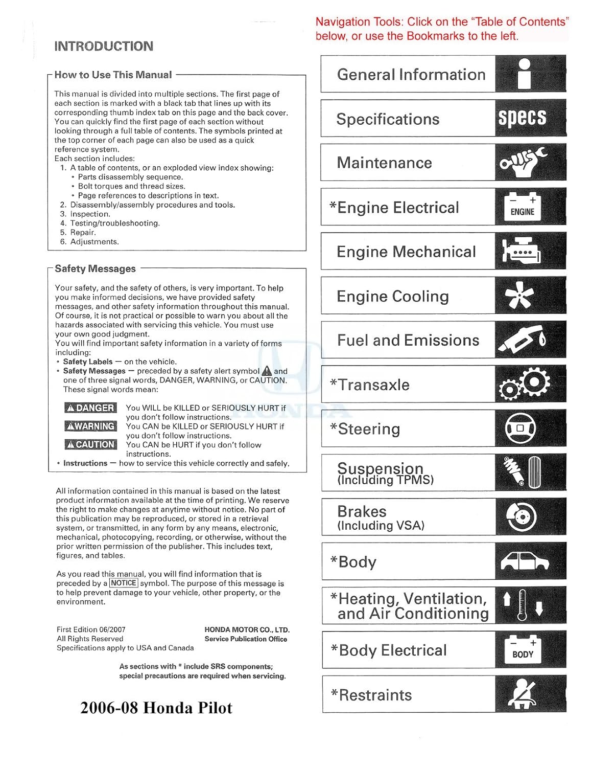 Amazon.com: bishko automotive literature 2006 2007 2008 Honda Pilot Shop  Service Repair Manual CD Engine Electrical OEM: Automotive